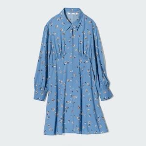 Uniqlo Printed V Neck Long Sleeve Mini Dress in Blue, Size Medium
